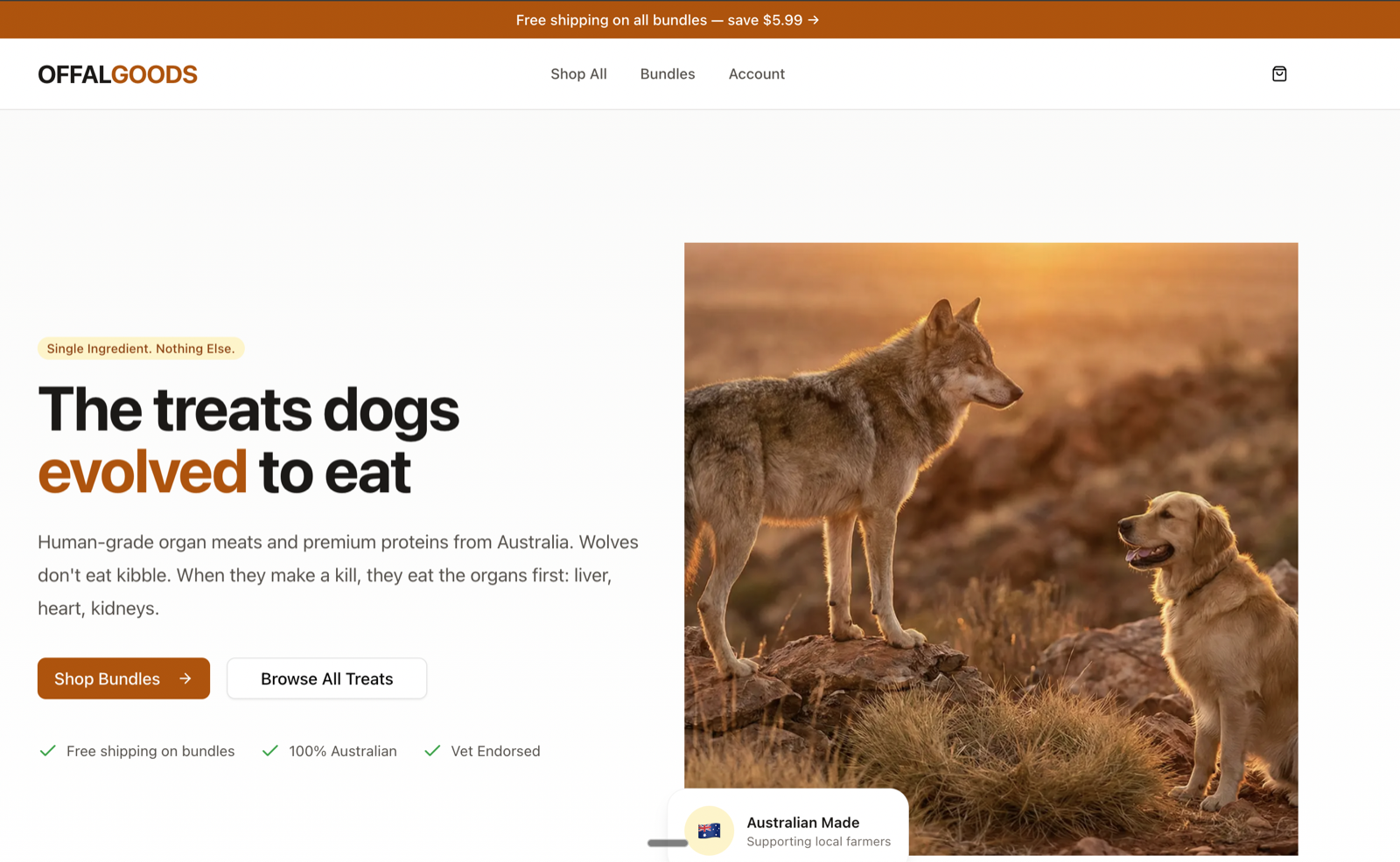 Offal Goods homepage with product bundles