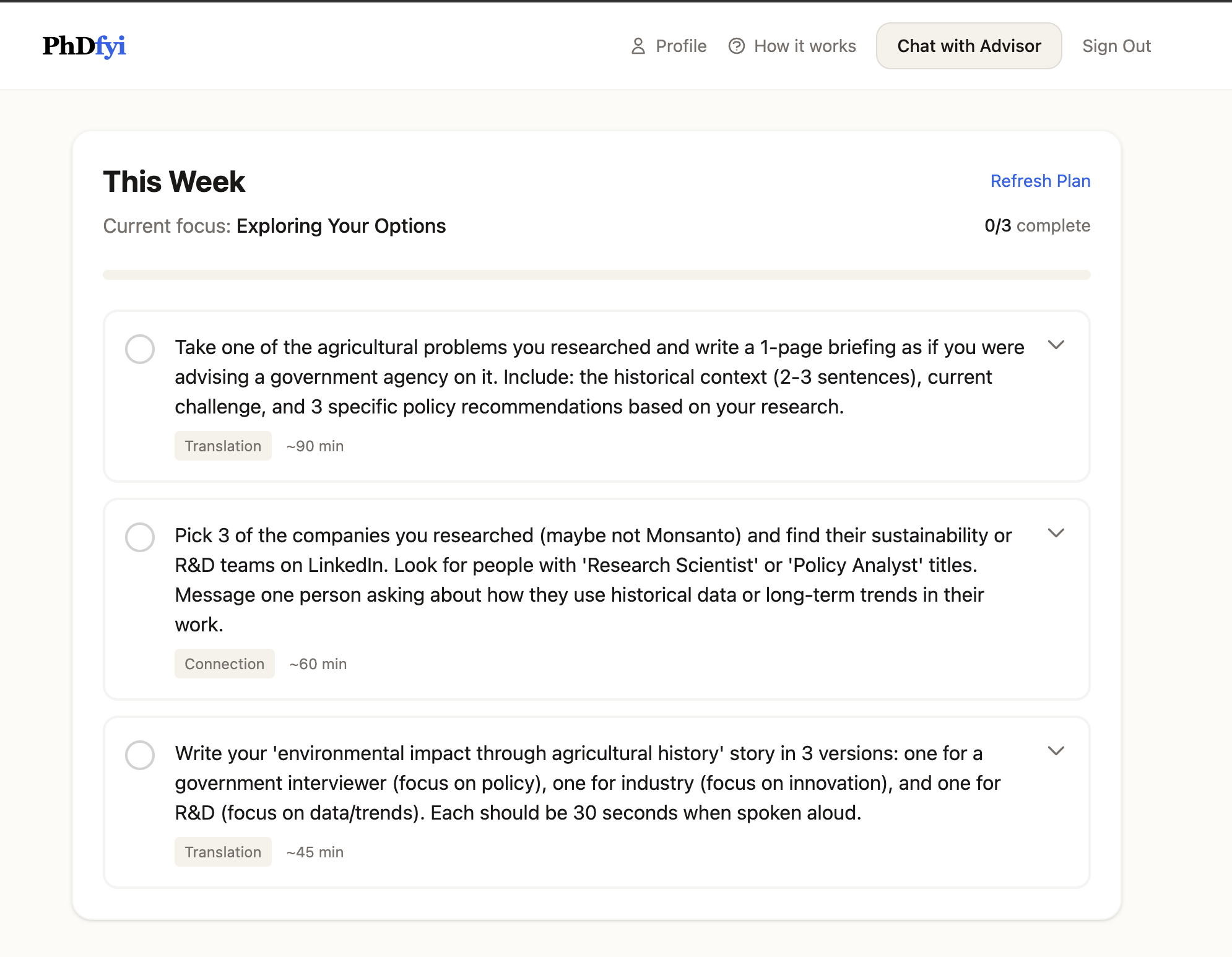 Personalized weekly career transition plan