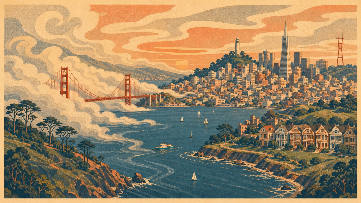 WPA travel-poster panorama of San Francisco